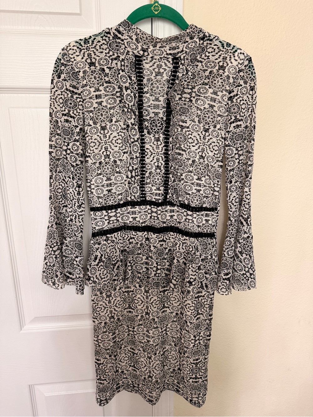 Black and White Printed Long-Sleeve Peplum Dress